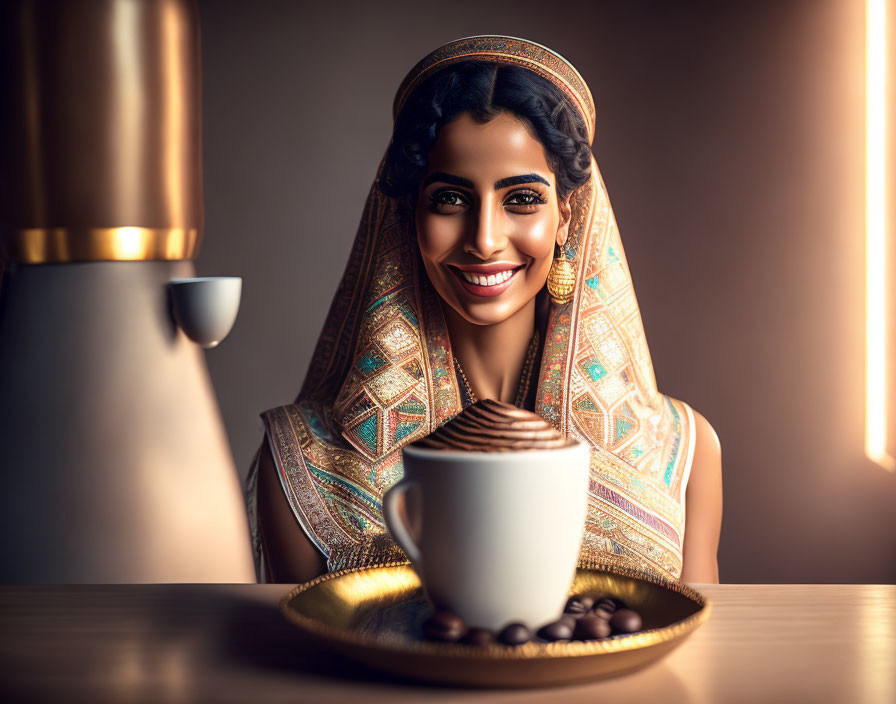 Smiling woman in traditional attire with coffee cup in warm lighting