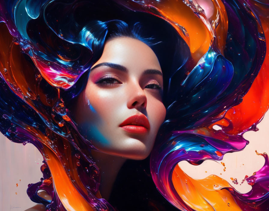 Vivid liquid art flows around woman's head in dynamic style