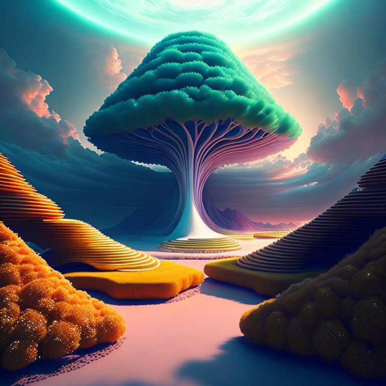 Colorful surreal landscape with colossal mushroom-like tree and vibrant terraces.