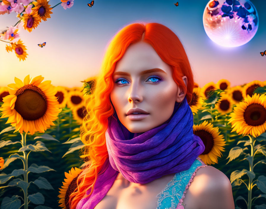 Digital artwork: Woman with red hair and blue eyes in sunflower field under fantasy sky.