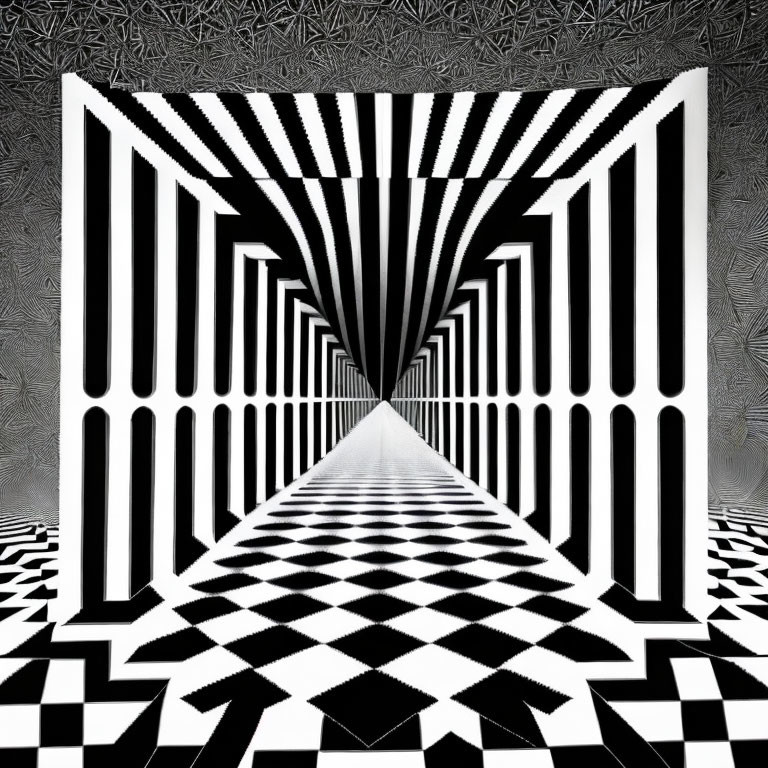 Monochrome 3D tunnel illusion with striped patterns