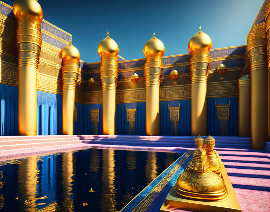 Opulent palace interior with golden domes, ornate columns, reflective pool, and chess piece centerpiece