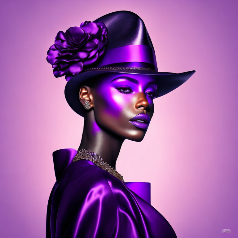 Purple-skinned woman in satin hat with large flower on purple backdrop