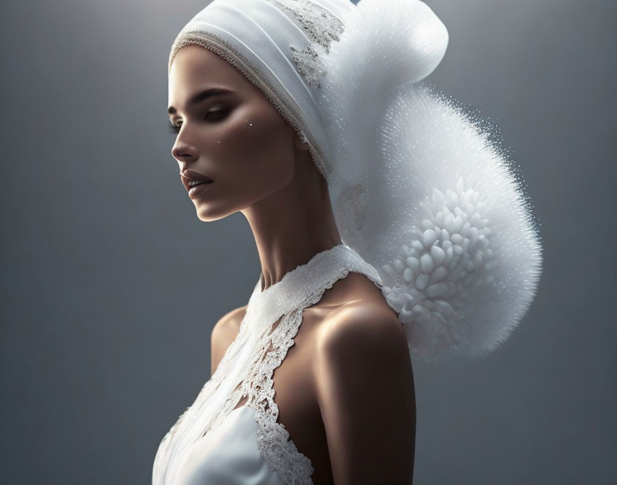 Profile view of woman in unique bridal headpiece and lace attire