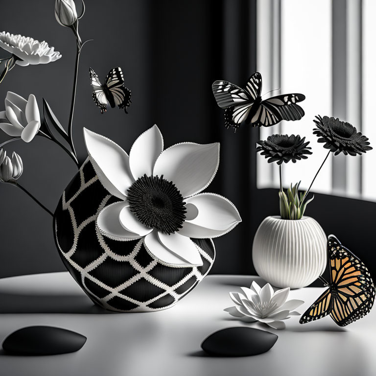 Monochrome still life: patterned vases, flowers, butterflies, stones on dark surface