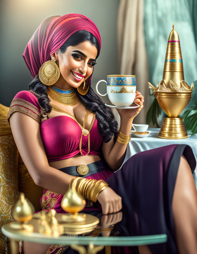 Traditional Attire Woman Smiling with Teacup and Golden Teapot