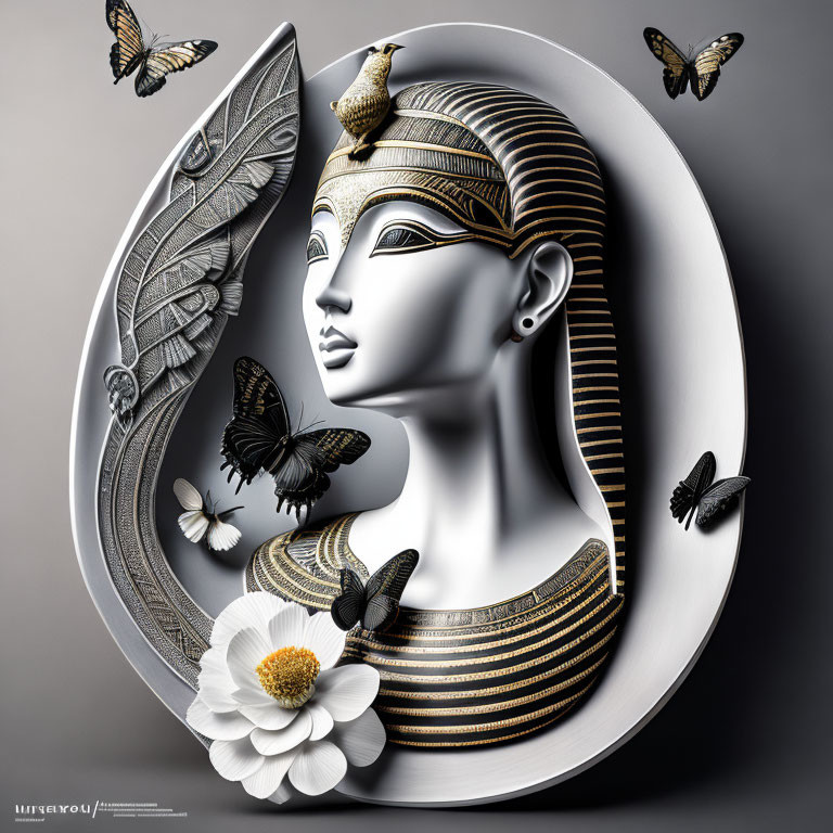 Stylized 3D illustration of Egyptian queen with butterflies & flower