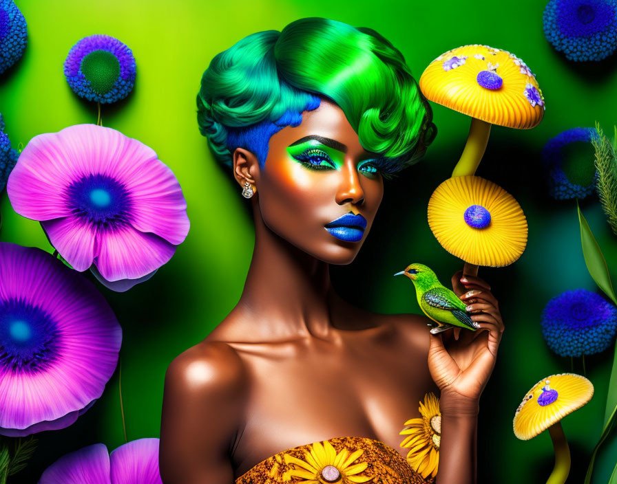 Colorful portrait of woman with green hair, bold makeup, flowers, and bird