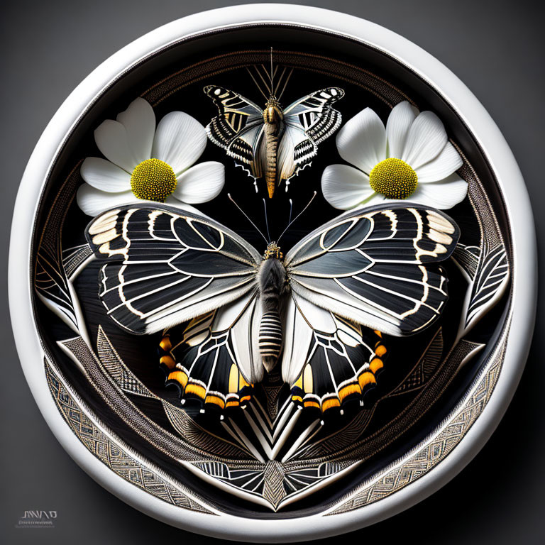 Symmetrical composition of large butterflies, mirrored smaller ones, white flowers on dark background