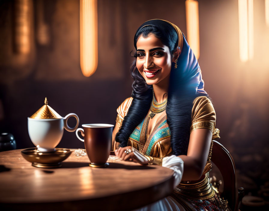 Traditional Indian Attire Woman Smiling at Tea Table