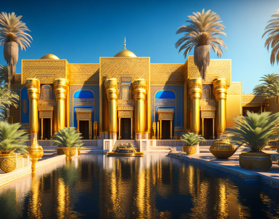 Luxurious palace with golden and blue facade, palm trees, tranquil pool, clear blue sky