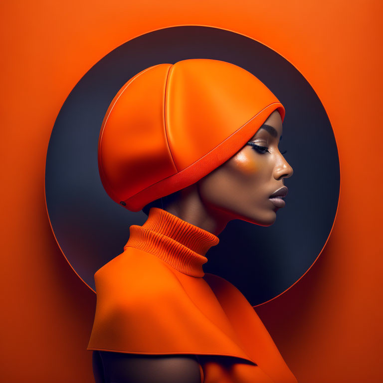 Profile Portrait of Woman in Orange Hat and Turtleneck on Orange Background