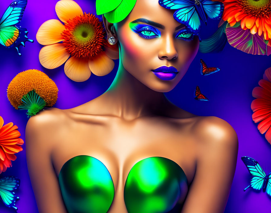 Colorful makeup woman portrait with flowers and butterflies in vivid blues and oranges