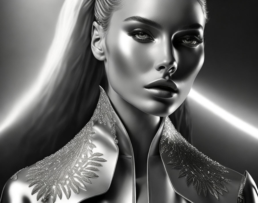 Monochrome portrait of a woman with glossy lips and sequined outfit