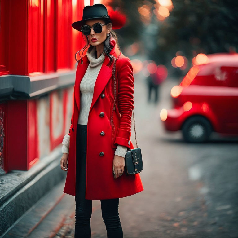 Stylish woman in red coat and black hat on city street with blurred red background