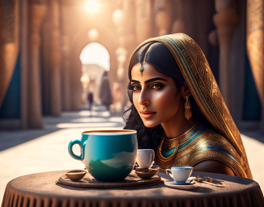 Illustrated woman in traditional attire with ornate jewelry at table in sunlit corridor.