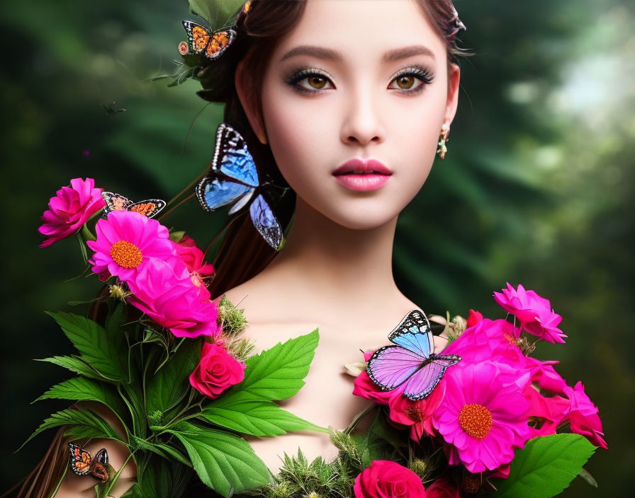 Woman in vibrant flower and butterfly setting with lush green backdrop