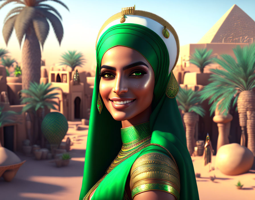 Vibrant green attire 3D animated woman in desert scene