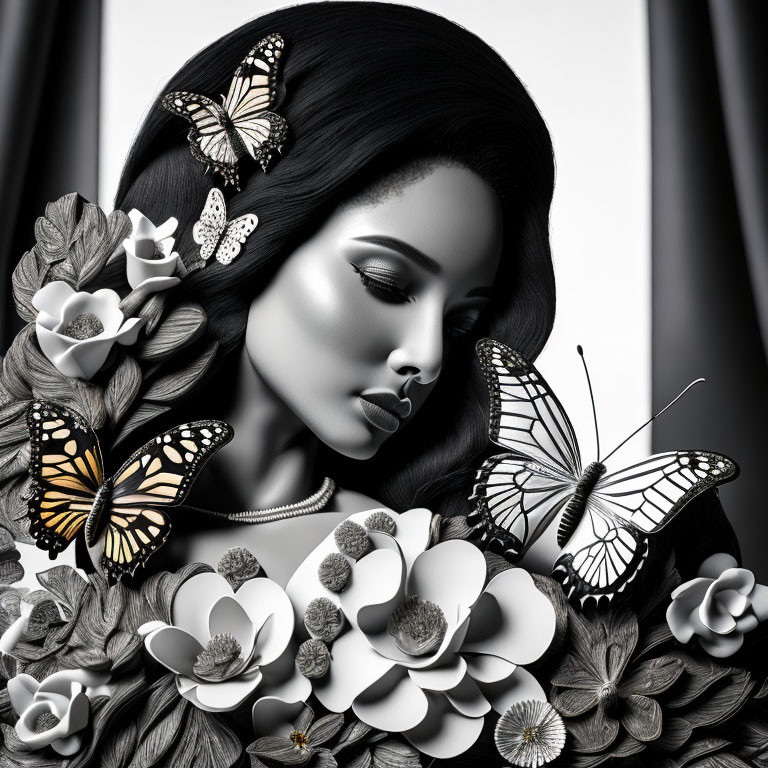 Monochromatic image of woman with flowers and butterflies in hair