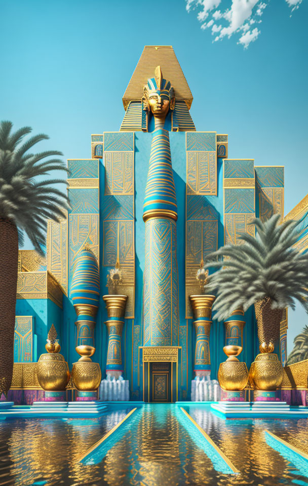 Vibrant digital artwork: Ancient Egyptian palace with columns, sphinx, and waterway