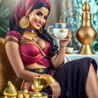 Traditional Attire Woman Smiling with Teacup and Golden Teapot