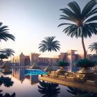 Tranquil lakeside scene with palm trees and Egyptian-style architecture at sunrise or sunset