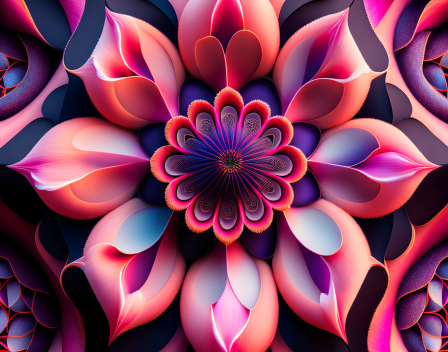 Colorful digital fractal image of multilayered flower petals in pink, blue, and purple