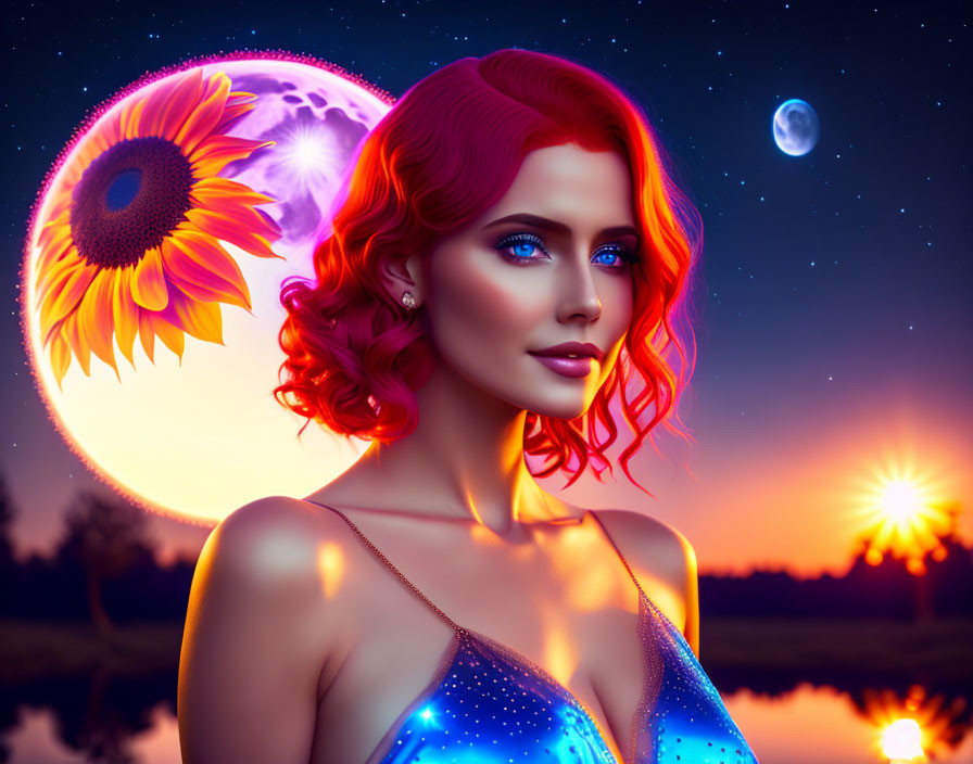 Digital artwork of woman with red hair and blue eyes in twilight setting with sunflower and glowing ring.