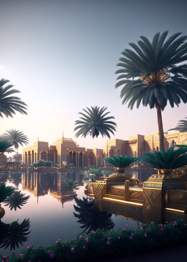 Tranquil lakeside scene with palm trees and Egyptian-style architecture at sunrise or sunset