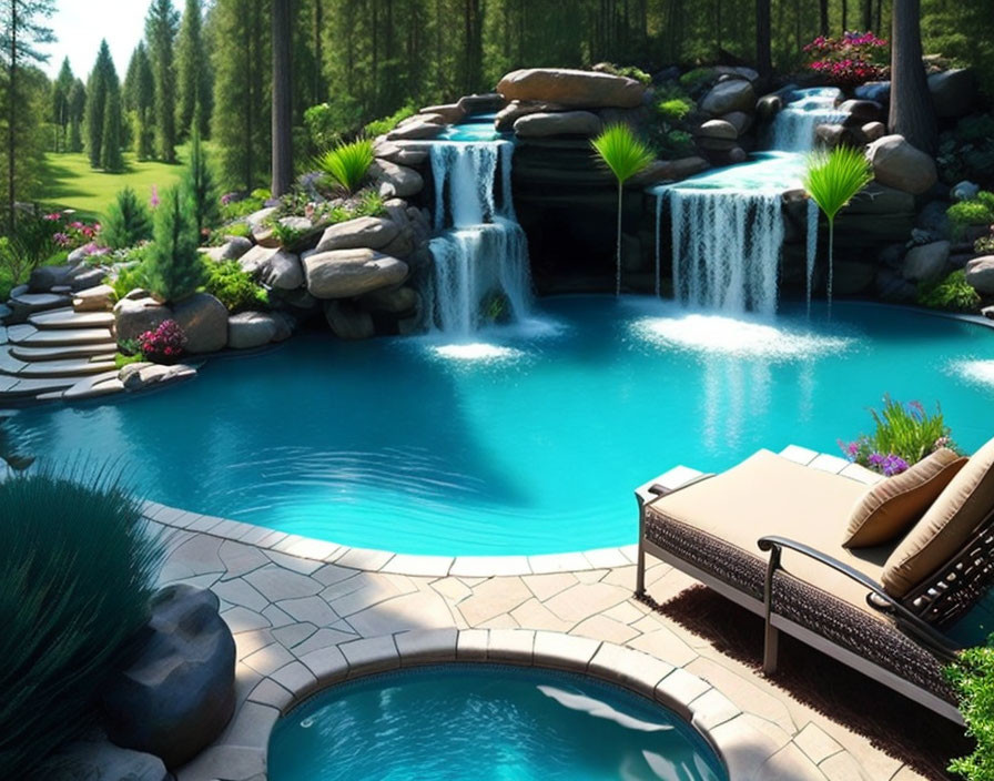 Serene backyard oasis with blue pool, rock waterfall, greenery, and lounge chair