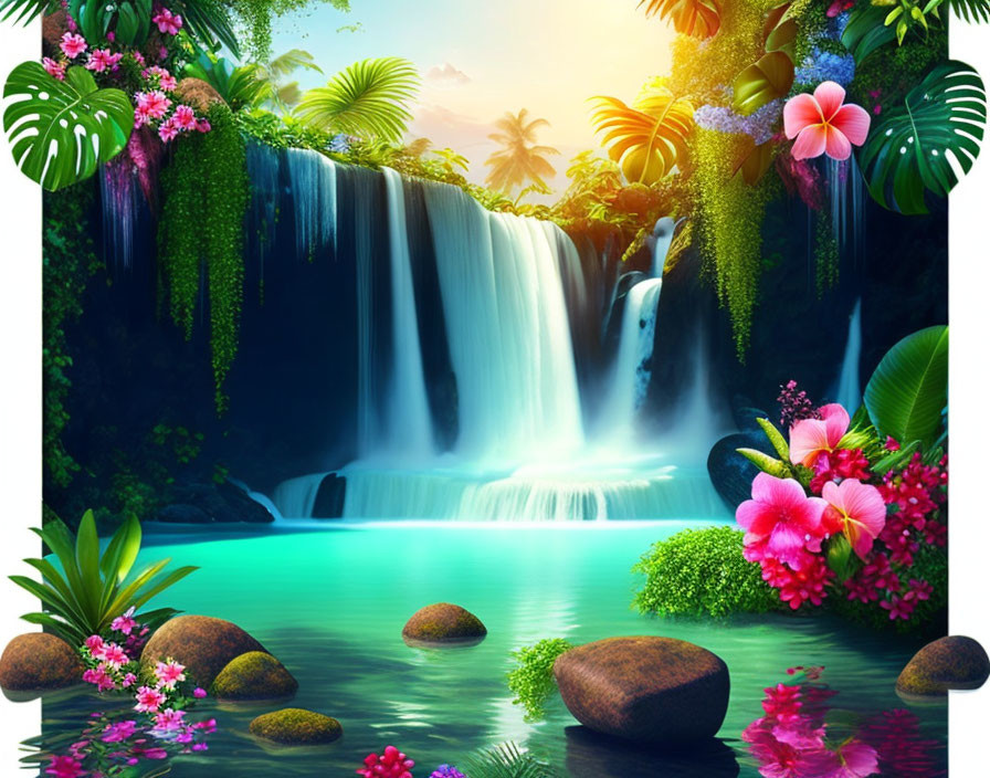 Tropical waterfall with lush greenery and bright flowers by serene blue pool