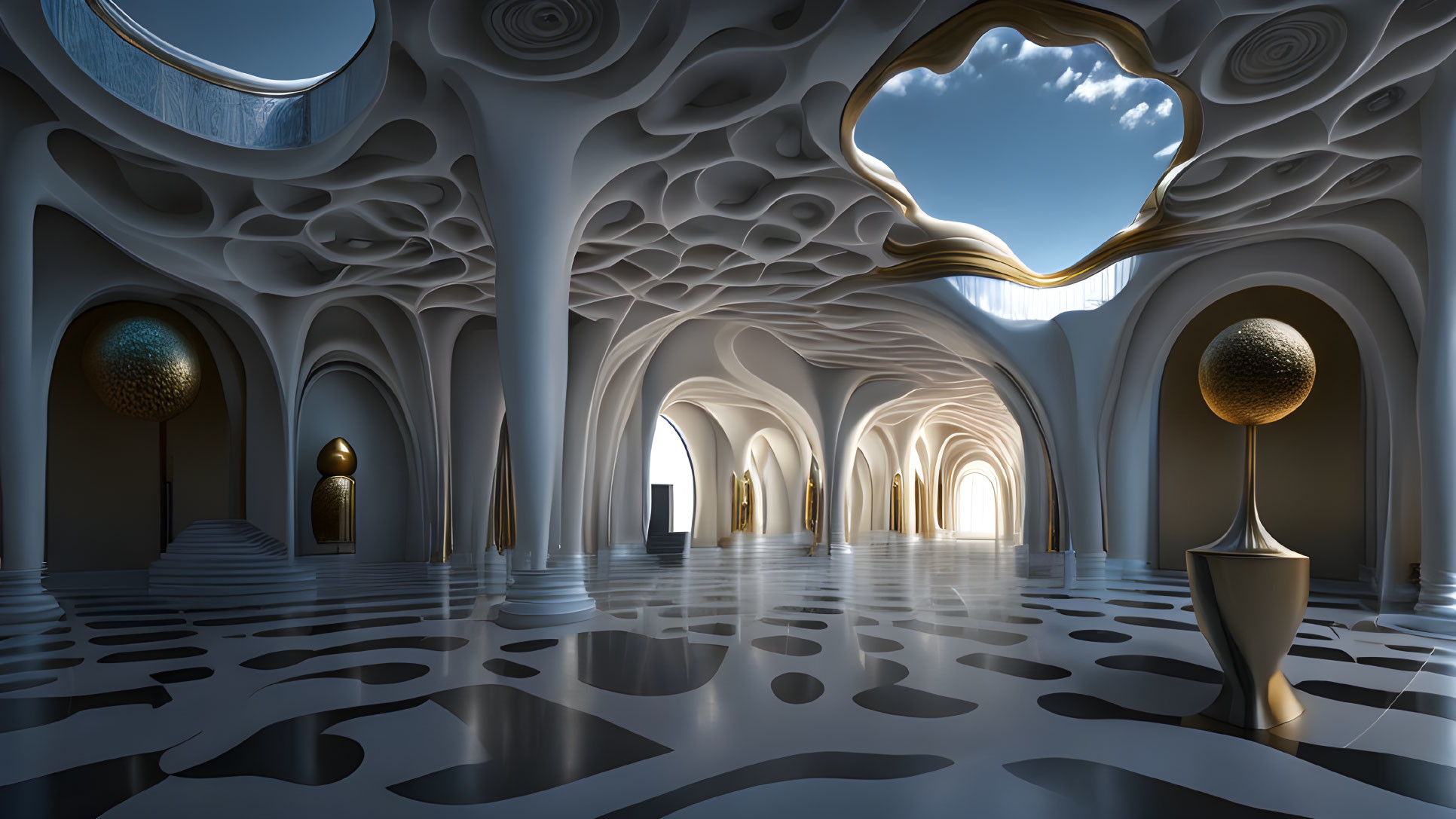 Futuristic Interior Design with White Walls, Arches, Reflective Floor, and Decorative S