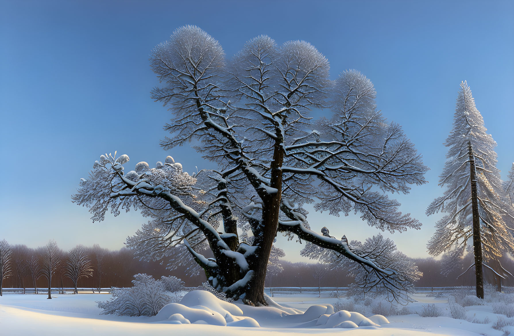 Snow-covered trees in serene winter landscape at sunrise or sunset