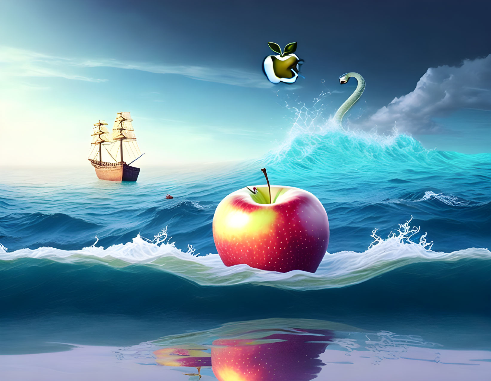 Surreal image: giant apple on ocean waves with ship, sea serpent, and bitten Apple logo