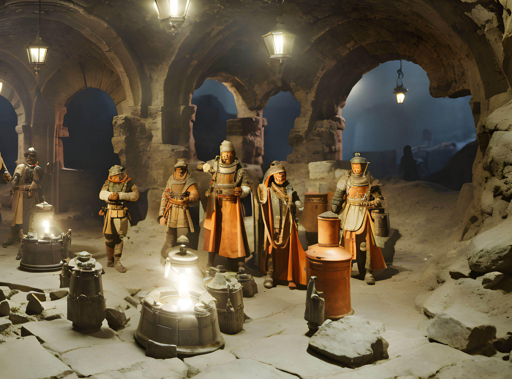 Medieval knights and soldiers in foggy, candle-lit chamber