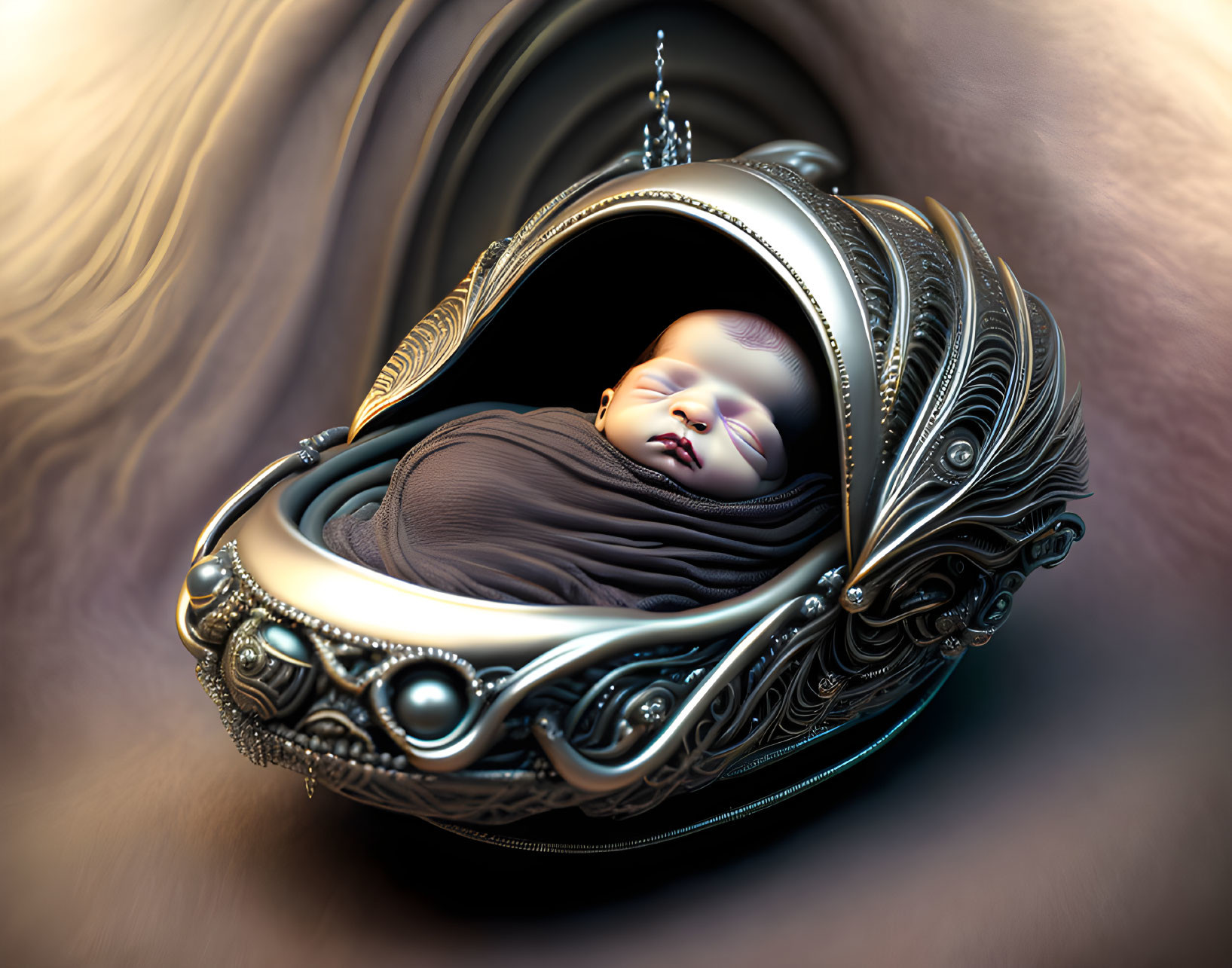 Serene baby sleeping in futuristic metallic pod with ornate patterns