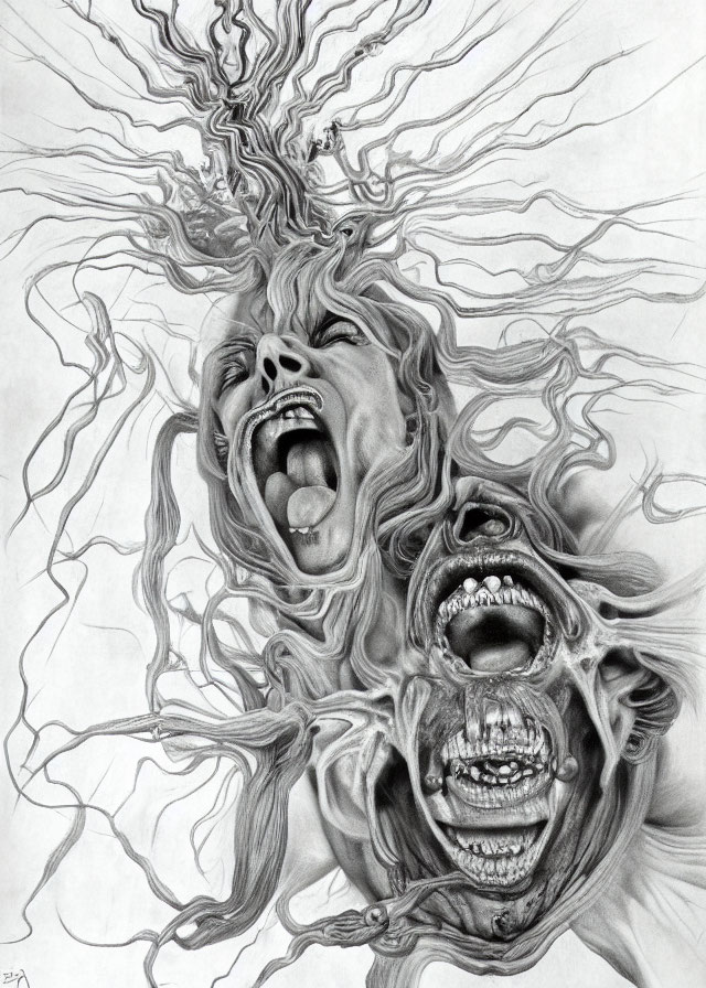 Distorted screaming faces in pencil drawing on blank background