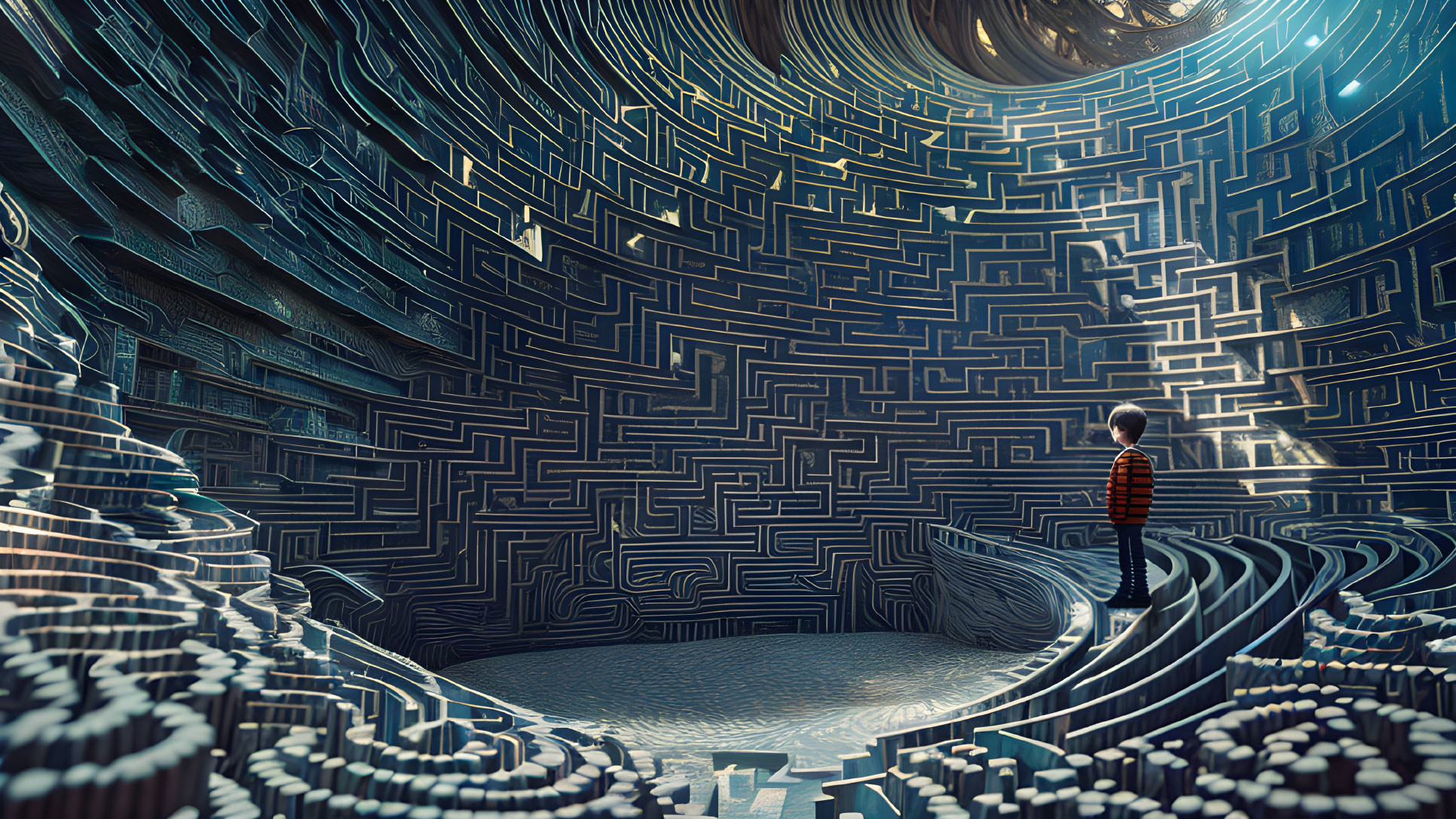 Person in surreal library with labyrinthine book walls under starry sky