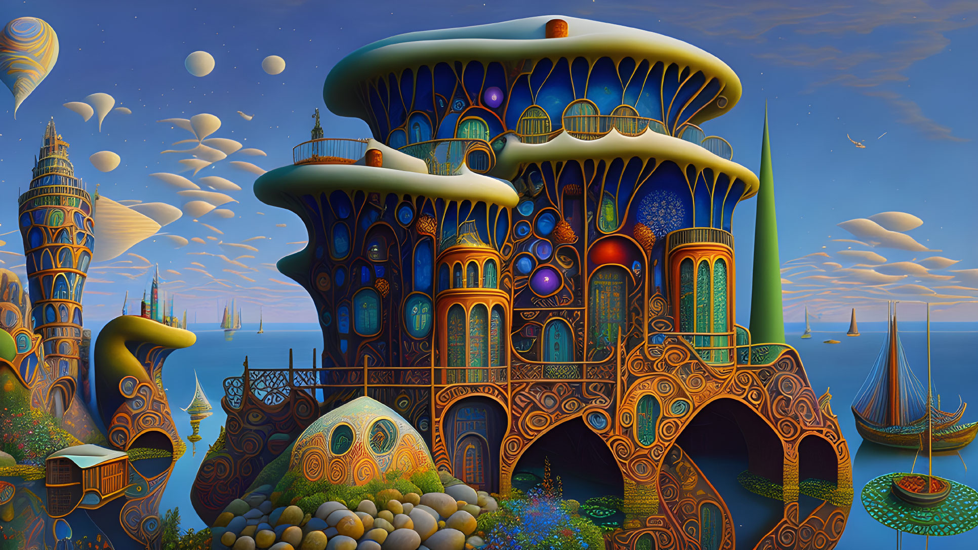 Fantastical digital artwork: Vibrant, whimsical buildings against serene ocean & sky