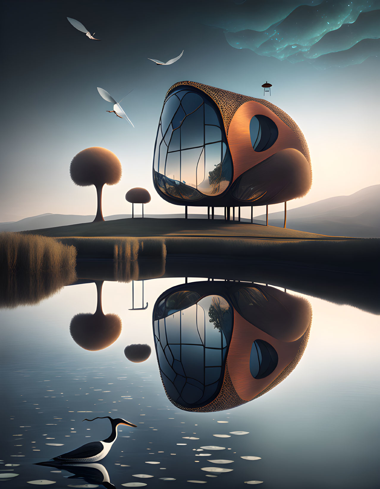 Unique Egg-Shaped House by Serene Lake at Dusk