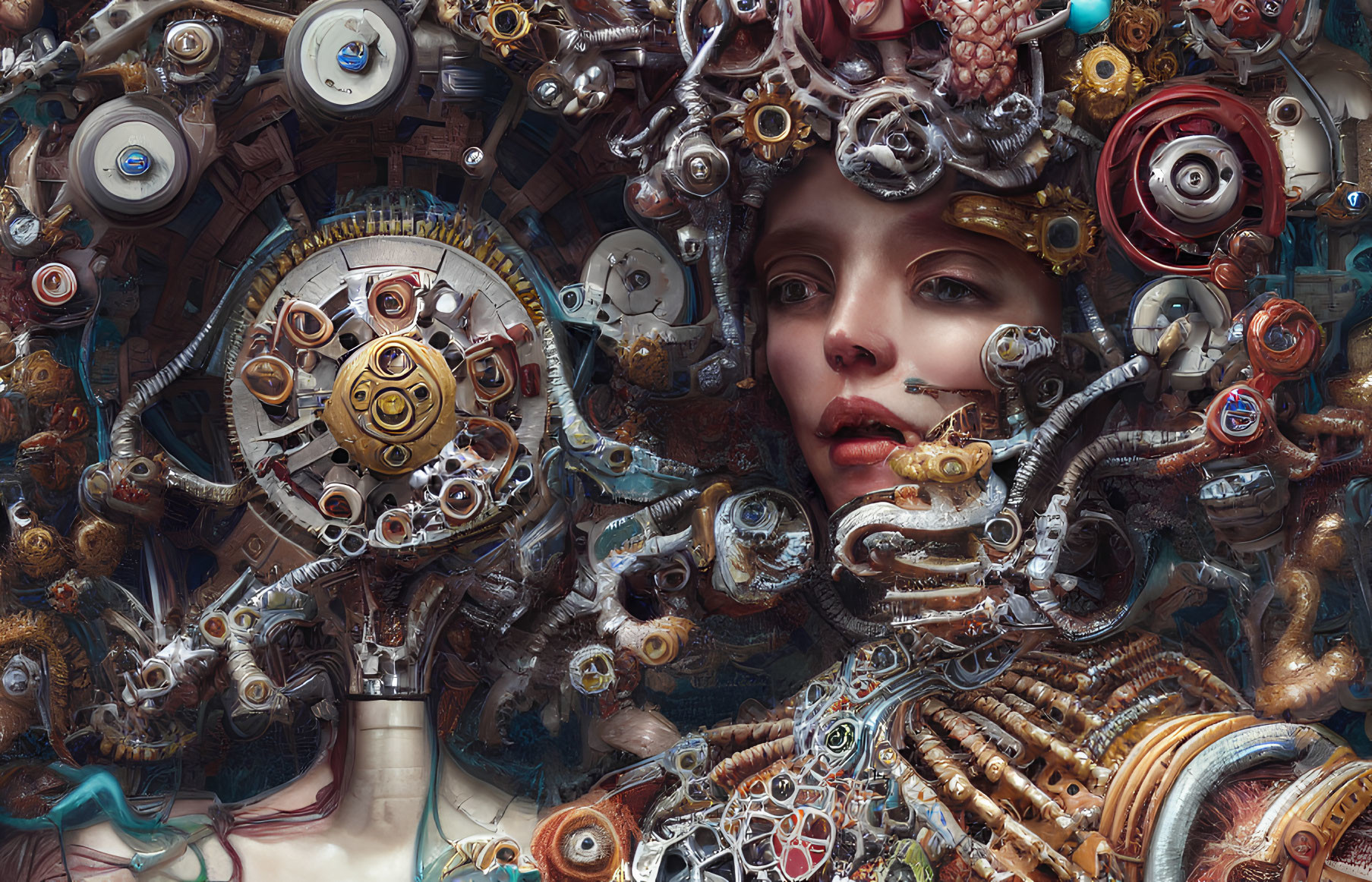 Steampunk-inspired woman's face with mechanical parts and gears fusion