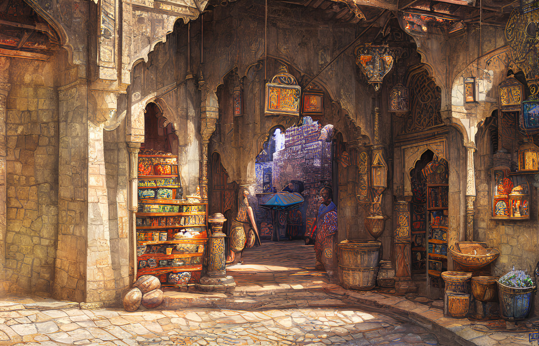 Detailed Illustration of Vibrant Old Marketplace