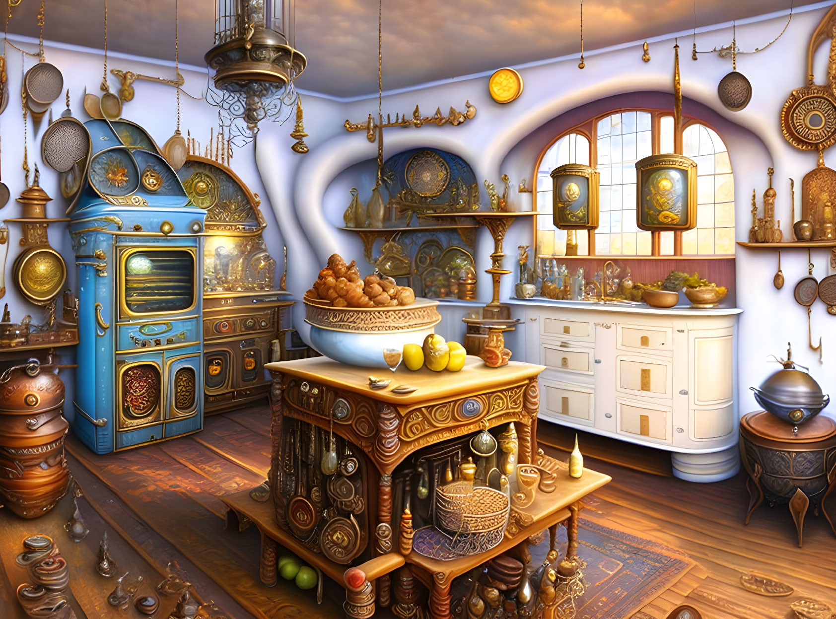 Vintage Kitchen with Metallic Appliances, Lemons, and Croissants