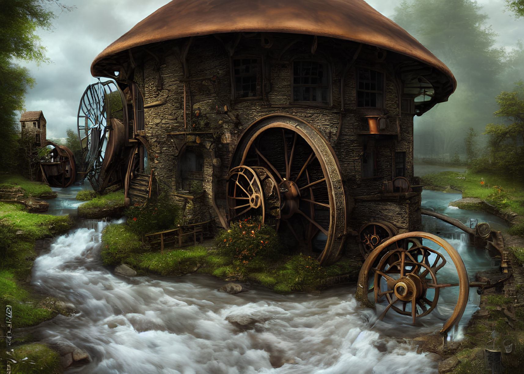 Whimsical cottage with waterwheels in serene forest scene