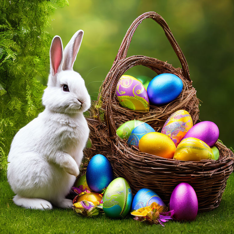 White rabbit with Easter eggs in wicker basket on green background