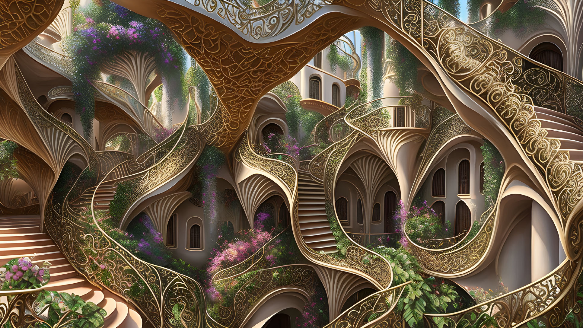 Fantasy landscape with golden tree-like structures and winding staircases