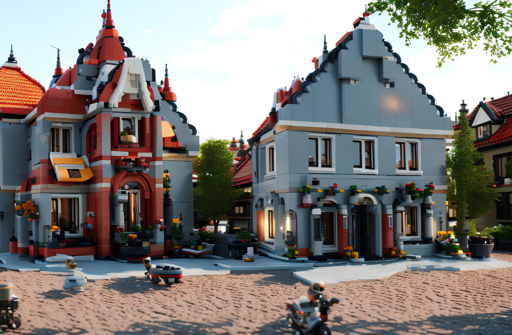 Colorful Lego street scene with buildings, trees, and miniature figures