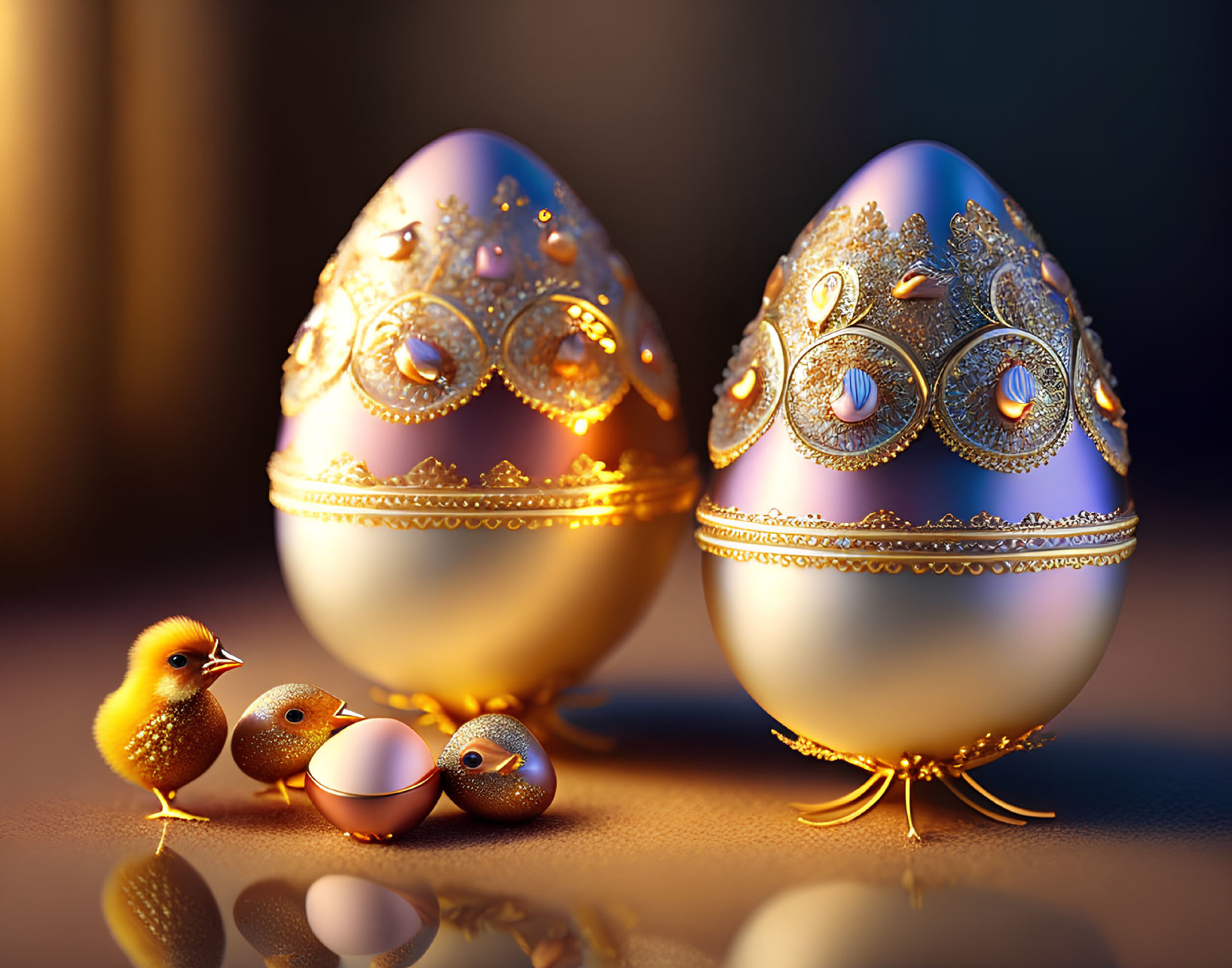 Ornate golden eggs with intricate detailing and chicks on reflective surface