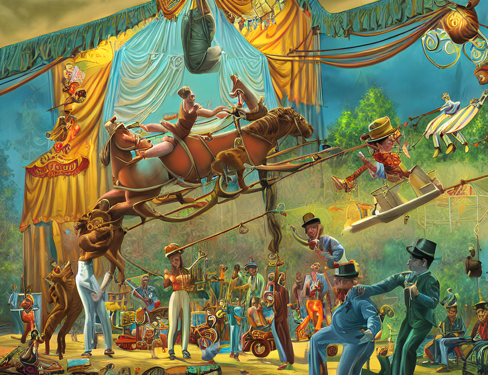 Colorful circus scene with acrobats, jugglers, and animal tamers performing under big top