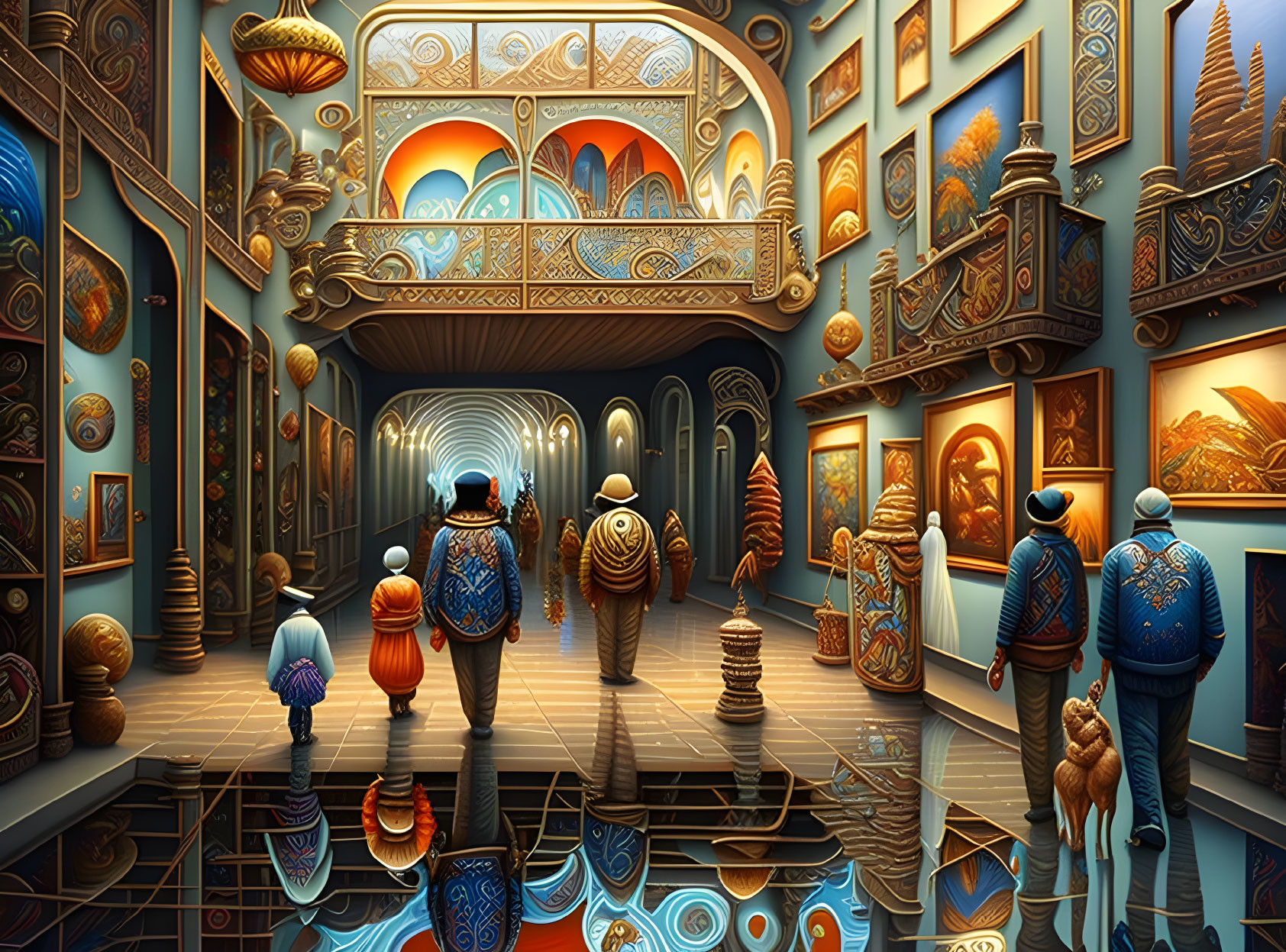 Colorful fantasy scene: People and animals in intricate, glowing hallway.